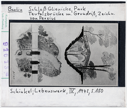 Vorschaubild Berlin: Schloss Glienicke, Park, Teufelsbrücke mit Grundriss. Zeichnung von Persius 